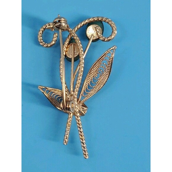 Vintage Brooch Gold Tone Filigree Floral Leaf Spray & Green Faux Jade Retro - Picture 4 of 8